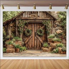 Lofaris Toile de fond de photographie grange rustique avec portes en bois et verdure, magnifique décor naturel pour studio photo et événements