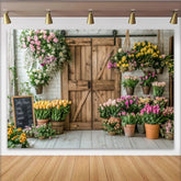 Lofaris Toile de fond de photographie fleuriste rustique avec porte en bois, décor printanier avec fleurs pour studio photo