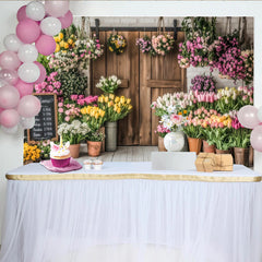Lofaris Toile de fond de photographie fleuriste avec porte en bois rustique, décor floral de printemps pour studio photo