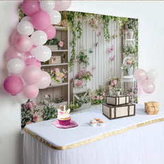 Lofaris Toile de fond de photographie jardin printanier avec fleurs roses et papillons, élégant arrière-plan en bois blanc pour studio photo