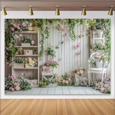 Lofaris Toile de fond de photographie jardin printanier avec fleurs roses et papillons, élégant arrière-plan en bois blanc pour studio photo