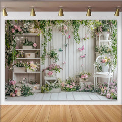 Lofaris Toile de fond de photographie jardin printanier avec fleurs roses et papillons, élégant arrière-plan en bois blanc pour studio photo