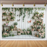 Lofaris Toile de fond de photographie florale avec roses roses et bois blanc, élégant arrière-plan printanier pour studio photo et portrait