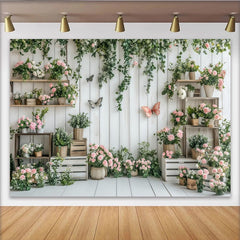 Lofaris Toile de fond de photographie florale avec roses roses et bois blanc, élégant arrière-plan printanier pour studio photo et portrait