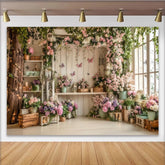 Lofaris Toile de fond de photographie de printemps avec fleurs roses et papillons, élégant décor de studio pour portraits et événements