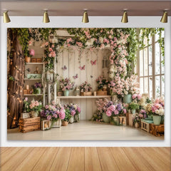 Lofaris Toile de fond de photographie de printemps avec fleurs roses et papillons, élégant décor de studio pour portraits et événements