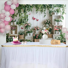 Lofaris Toile de fond de photographie jardin fleuri, arrière-plan mural en bois blanc et papillons roses pour studio photo