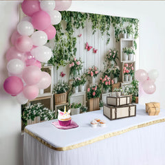 Lofaris Toile de fond de photographie jardin fleuri, arrière-plan mural en bois blanc et papillons roses pour studio photo