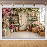 Lofaris Toile de fond de photographie jardin fleuri avec fleurs roses et porte rustique, magnifique arrière-plan printanier pour studio photo