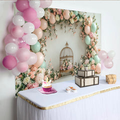Lofaris Toile de fond de photographie florale avec ballons pastel et cage à oiseaux, magnifique arrière-plan élégant pour studio photo ou fête