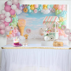 Lofaris Toile de fond anniversaire bonbons pastel avec ballons et chariot de douceurs, décor de rêve pour fête d'enfants et séance photo