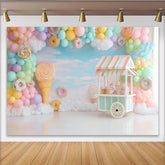 Lofaris Toile de fond anniversaire bonbons pastel avec ballons et chariot de douceurs, décor de rêve pour fête d'enfants et séance photo