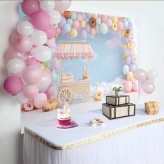 Lofaris Toile de fond anniversaire douceurs pastel avec ballons et donuts, arrière-plan de rêve pour studio photo et décoration de fête