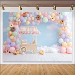 Lofaris Toile de fond anniversaire douceurs pastel avec ballons et donuts, arrière-plan de rêve pour studio photo et décoration de fête