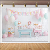Lofaris Toile de fond de photographie pour fête douce avec ballons pastel et chariot à desserts, véritable arrière-plan de studio pour enfants