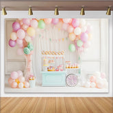Lofaris Toile de fond de photographie pastel avec ballons et chariot de desserts, arrière-plan de studio pour fête d'enfants ou baby shower