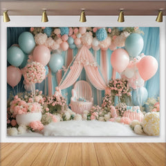 Lofaris Toile de fond pour baby shower rose et bleu pastel avec fleurs et ballons, magnifique décor de photographie pour nouveau-né et enfants