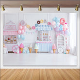 Lofaris Toile de fond pour anniversaire boutique de glaces et bonbons pastel, décor de fête avec ballons et donuts pour studio photo