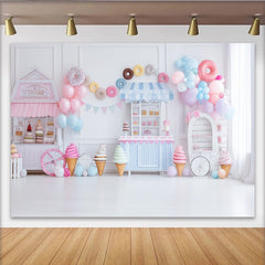 Lofaris Toile de fond pour anniversaire boutique de glaces et bonbons pastel, décor de fête avec ballons et donuts pour studio photo