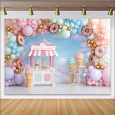 Lofaris Toile de fond de photographie stand de glaces et beignets pastel, décor de rêve pour studio photo ou célébration d'enfants