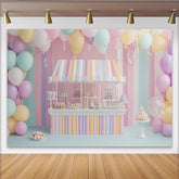 Lofaris Toile de fond pour anniversaire stand de bonbons pastel avec ballons, magnifique décor de fête pour enfants et séance photo