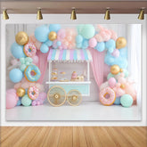 Lofaris Toile de fond pour anniversaire chariot de douceurs et ballons pastel, magnifique décor de fête pour enfants et séance photo
