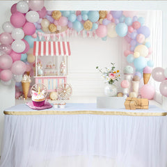 Lofaris Toile de fond anniversaire enfant avec chariot de bonbons et ballons pastel, décor de fête aux couleurs douces pour séance photo