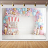 Lofaris Toile de fond anniversaire enfant avec chariot de bonbons et ballons pastel, décor de fête aux couleurs douces pour séance photo