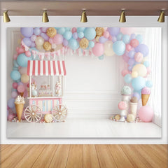Lofaris Toile de fond anniversaire enfant avec chariot de bonbons et ballons pastel, décor de fête aux couleurs douces pour séance photo