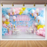 Lofaris Toile de fond anniversaire magasin de glaces pastel pour enfants, magnifique décor sucré pour séance photo de fête