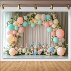 Lofaris Toile de fond pour baby shower oiseaux et fleurs pastel avec ballons, magnifique décor de fête pour célébration de nouveau-né