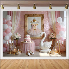 Lofaris Toile de fond pour anniversaire ballerine rose et or avec cygne et tutu, magnifique décor de princesse pour séance photo de fête
