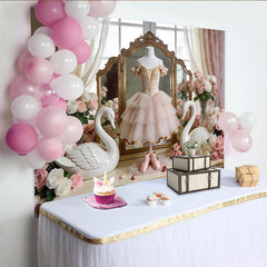 Lofaris Toile de fond de photographie ballet cygne rose avec roses blanches, élégant arrière-plan de rêve pour portrait et studio photo
