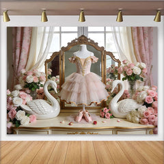 Lofaris Toile de fond de photographie ballet cygne rose avec roses blanches, élégant arrière-plan de rêve pour portrait et studio photo
