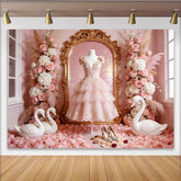 Lofaris Toile de fond rose élégante pour anniversaire de fille avec cygnes et fleurs, magnifique décor romantique pour studio photo
