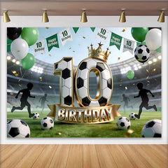 Lofaris. Toile de fond pour 10e anniversaire de football avec stade et ballons, magnifique arrière-plan de sport pour fête d'enfant