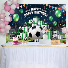 Lofaris Toile de fond anniversaire football avec ballons verts et cadeaux, arrière-plan de stade pour fête d'enfants