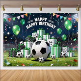Lofaris Toile de fond anniversaire football avec ballons verts et cadeaux, arrière-plan de stade pour fête d'enfants