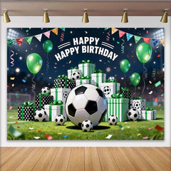 Lofaris Toile de fond anniversaire football avec ballons verts et cadeaux, arrière-plan de stade pour fête d'enfants