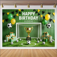 Lofaris Toile de fond joyeux anniversaire football avec trophée et ballons, décor de terrain de sport pour fête d'enfants et séance photo