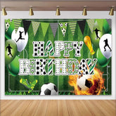 Lofaris Toile de fond joyeux anniversaire football sur terrain vert avec ballons, décor de fête sportive avec trophée pour garçons