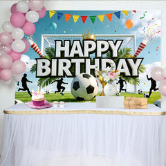 Lofaris Toile de fond joyeux anniversaire football avec trophée et joueurs, magnifique décor de fête pour enfants ou studio photo