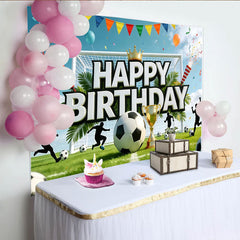 Lofaris Toile de fond joyeux anniversaire football avec trophée et joueurs, magnifique décor de fête pour enfants ou studio photo