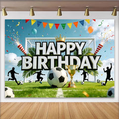 Lofaris Toile de fond joyeux anniversaire football avec trophée et joueurs, magnifique décor de fête pour enfants ou studio photo