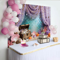 Lofaris Toile de fond de photographie sirène avec écailles et perles dorées, décor sous-marin enchanteur pour studio photo