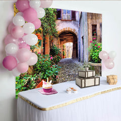 Lofaris Toile de fond de photographie ruelle fleurie avec murs en pierre et arche, décor pittoresque pour studio photo professionnel