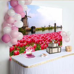 Lofaris Toile de fond de photographie tulipes roses et moulins hollandais, arrière-plan printanier pour studio photo