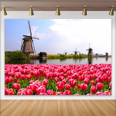 Lofaris Toile de fond de photographie tulipes roses et moulins hollandais, arrière-plan printanier pour studio photo