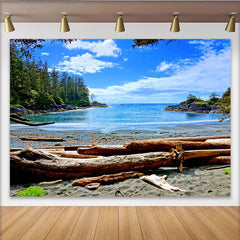 Lofaris Toile de fond de photographie paysage marin avec plage de sable et forêt luxuriante, magnifique arrière-plan naturel pour studio photo