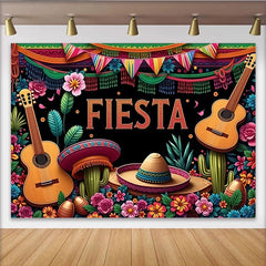 Lofaris Toile de fond pour fête mexicaine avec guitares et sombreros, décoration de fête vibrante pour célébration festive